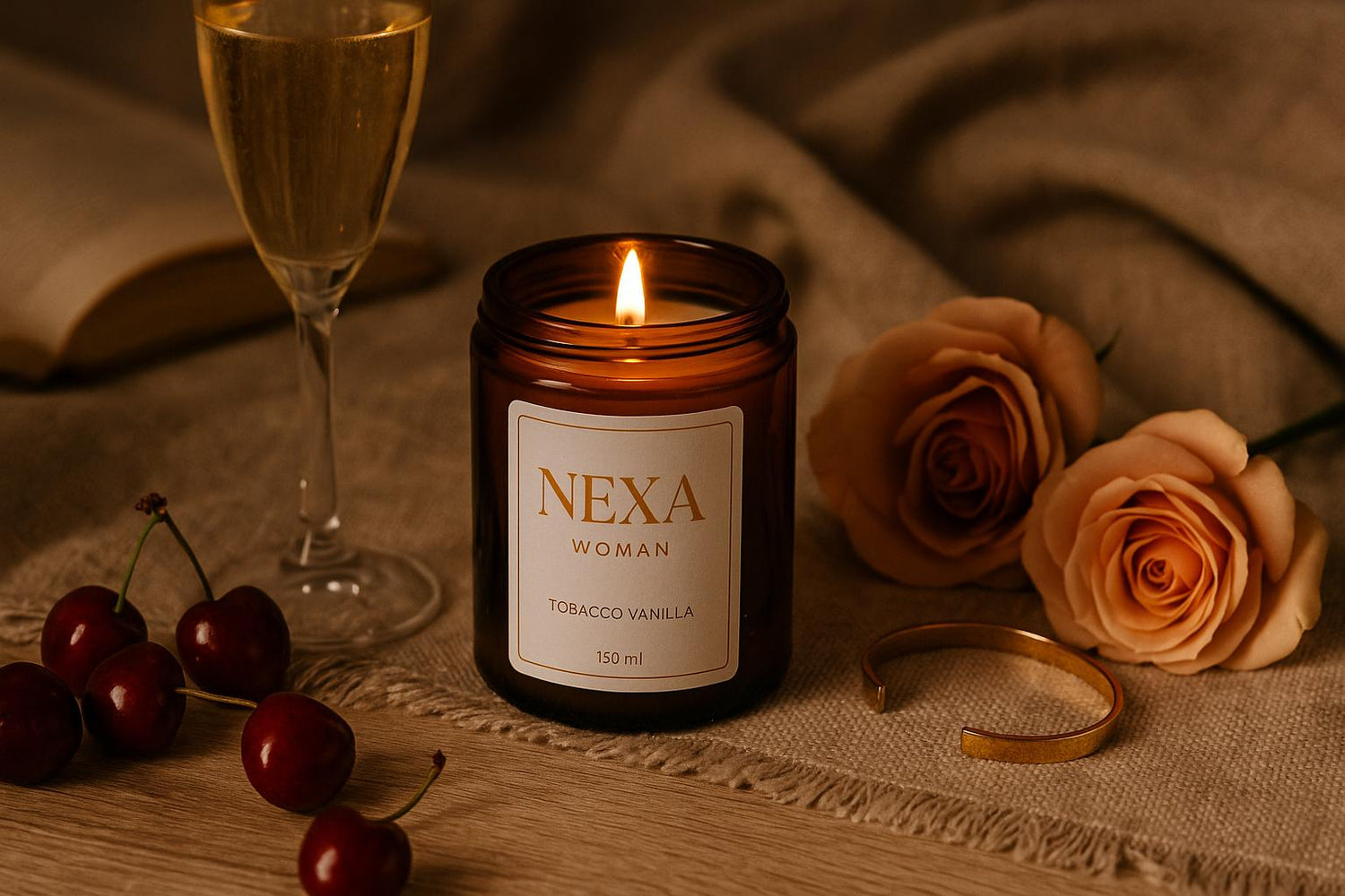 Produtková fotografia sviečky pri víne a ružiach vo večernom prostredí harmónia a reštart